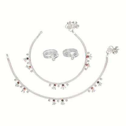 Silver and Gold Plated Ghungroo Payal Anklet with Adjustable Bichhiya Toe Ring Combo Set for Women