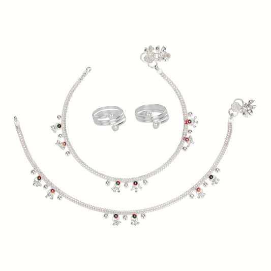 Silver and Gold Plated Ghungroo Payal Anklet with Adjustable Bichhiya Toe Ring Combo Set for Women