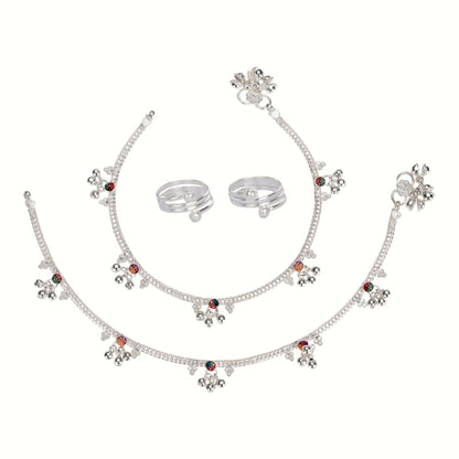 Silver and Gold Plated Ghungroo Payal Anklet with Adjustable Bichhiya Toe Ring Combo Set for Women
