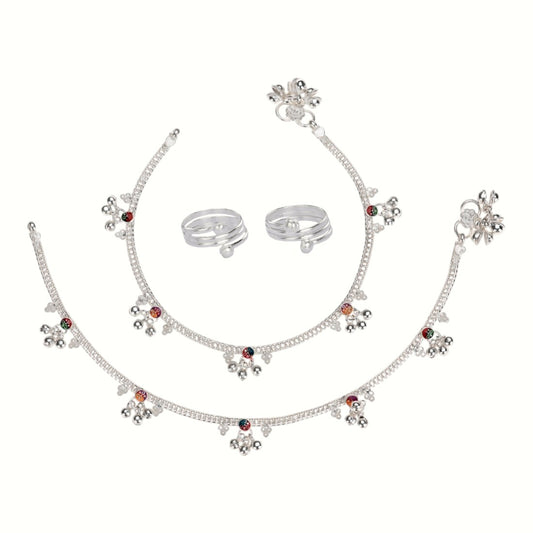Silver and Gold Plated Ghungroo Payal Anklet with Adjustable Bichhiya Toe Ring Combo Set for Women