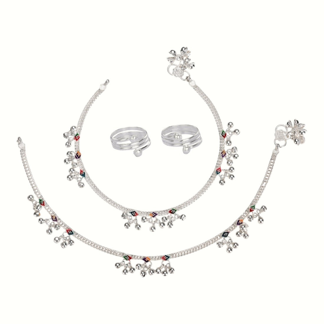 Silver and Gold Plated Ghungroo Payal Anklet with Adjustable Bichhiya Toe Ring Combo Set for Women