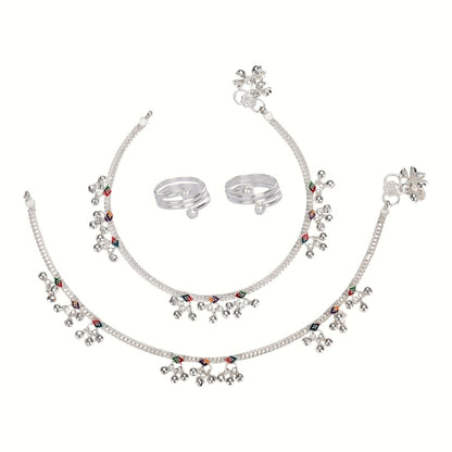 Silver and Gold Plated Ghungroo Payal Anklet with Adjustable Bichhiya Toe Ring Combo Set for Women