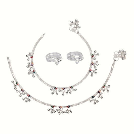 Silver and Gold Plated Ghungroo Payal Anklet with Adjustable Bichhiya Toe Ring Combo Set for Women