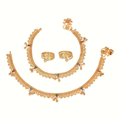 Silver and Gold Plated Ghungroo Payal Anklet with Adjustable Bichhiya Toe Ring Combo Set for Women