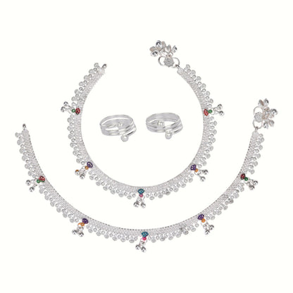 Silver and Gold Plated Ghungroo Payal Anklet with Adjustable Bichhiya Toe Ring Combo Set for Women