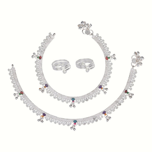 Silver and Gold Plated Ghungroo Payal Anklet with Adjustable Bichhiya Toe Ring Combo Set for Women
