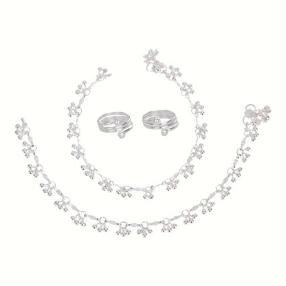 Silver and Gold Plated Ghungroo Payal Anklet with Adjustable Bichhiya Toe Ring Combo Set for Women