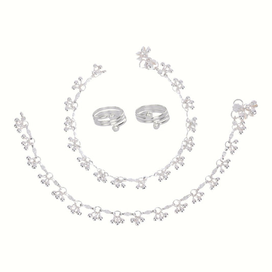 Silver and Gold Plated Ghungroo Payal Anklet with Adjustable Bichhiya Toe Ring Combo Set for Women