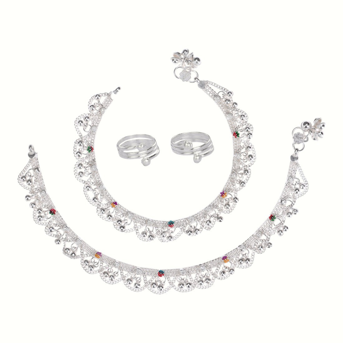 Silver and Gold Plated Ghungroo Payal Anklet with Adjustable Bichhiya Toe Ring Combo Set for Women