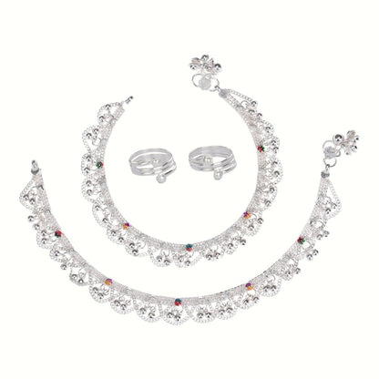 Silver and Gold Plated Ghungroo Payal Anklet with Adjustable Bichhiya Toe Ring Combo Set for Women