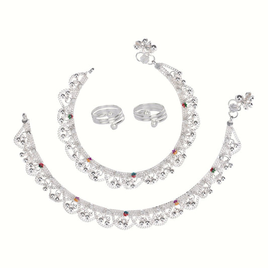 Silver and Gold Plated Ghungroo Payal Anklet with Adjustable Bichhiya Toe Ring Combo Set for Women
