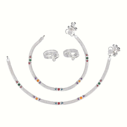 Silver and Gold Plated Ghungroo Payal Anklet with Adjustable Bichhiya Toe Ring Combo Set for Women
