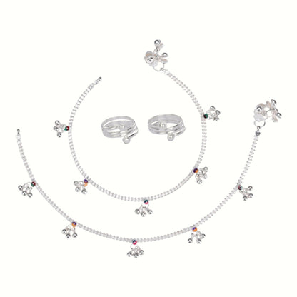 Silver and Gold Plated Ghungroo Payal Anklet with Adjustable Bichhiya Toe Ring Combo Set for Women