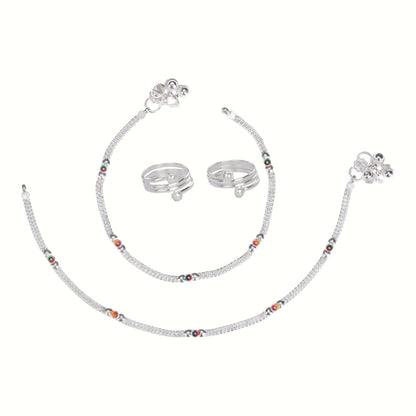 Silver and Gold Plated Ghungroo Payal Anklet with Adjustable Bichhiya Toe Ring Combo Set for Women