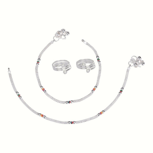 Silver and Gold Plated Ghungroo Payal Anklet with Adjustable Bichhiya Toe Ring Combo Set for Women