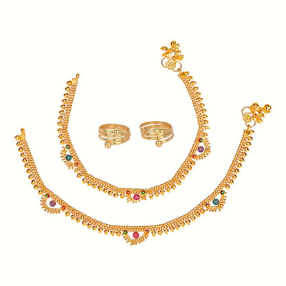 Silver and Gold Plated Ghungroo Payal Anklet with Adjustable Bichhiya Toe Ring Combo Set for Women