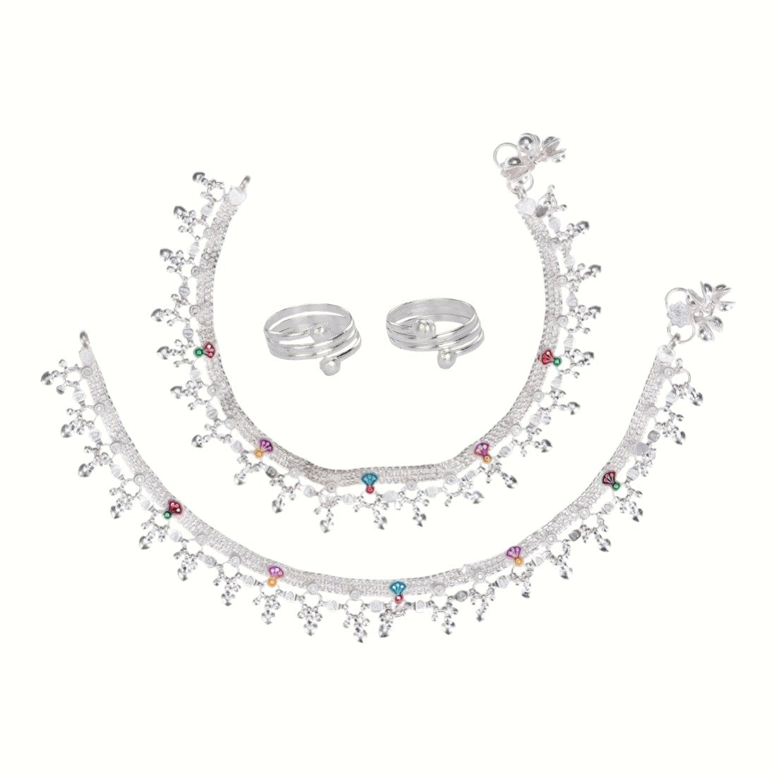 Silver and Gold Plated Ghungroo Payal Anklet with Adjustable Bichhiya Toe Ring Combo Set for Women