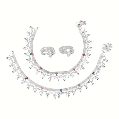 Silver and Gold Plated Ghungroo Payal Anklet with Adjustable Bichhiya Toe Ring Combo Set for Women