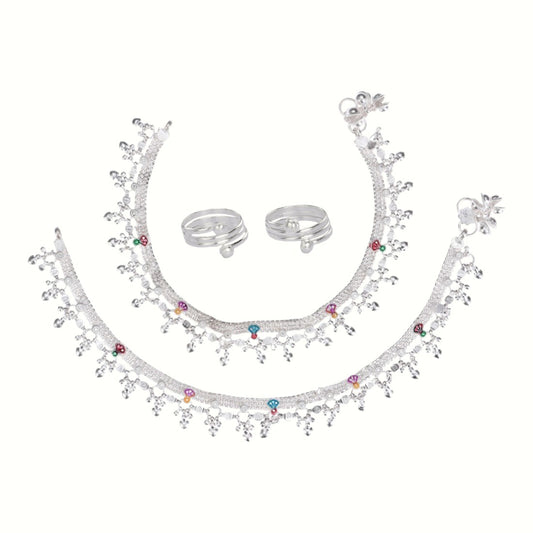 Silver and Gold Plated Ghungroo Payal Anklet with Adjustable Bichhiya Toe Ring Combo Set for Women