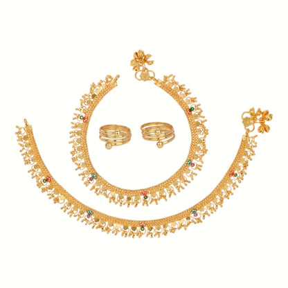 Silver and Gold Plated Ghungroo Payal Anklet with Adjustable Bichhiya Toe Ring Combo Set for Women
