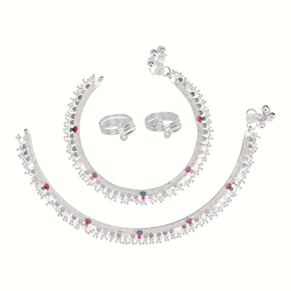 Silver and Gold Plated Ghungroo Payal Anklet with Adjustable Bichhiya Toe Ring Combo Set for Women