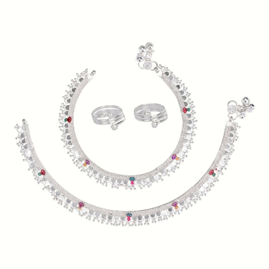 Silver and Gold Plated Ghungroo Payal Anklet with Adjustable Bichhiya Toe Ring Combo Set for Women
