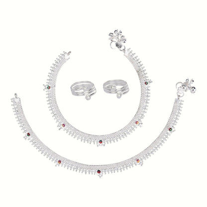Silver and Gold Plated Ghungroo Payal Anklet with Adjustable Bichhiya Toe Ring Combo Set for Women
