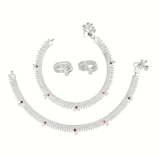 Silver and Gold Plated Ghungroo Payal Anklet with Adjustable Bichhiya Toe Ring Combo Set for Women