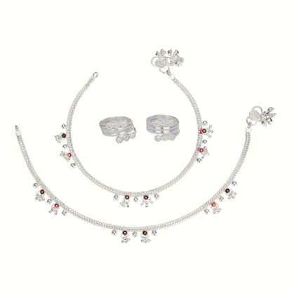 Silver and Gold Plated Ghungroo Payal Anklet with Adjustable Bichhiya Toe Ring Combo Set for Women