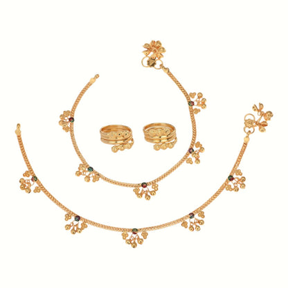 Silver and Gold Plated Ghungroo Payal Anklet with Adjustable Bichhiya Toe Ring Combo Set for Women