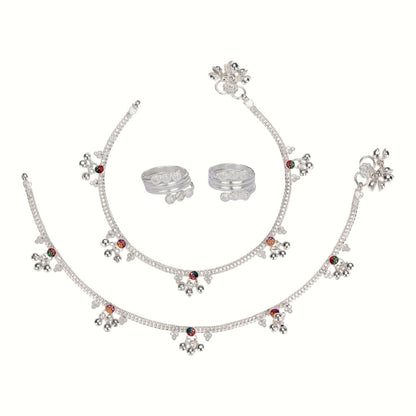 Silver and Gold Plated Ghungroo Payal Anklet with Adjustable Bichhiya Toe Ring Combo Set for Women