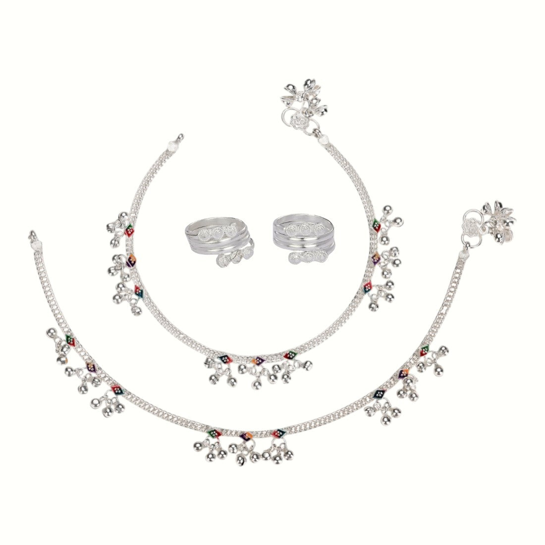 Silver and Gold Plated Ghungroo Payal Anklet with Adjustable Bichhiya Toe Ring Combo Set for Women