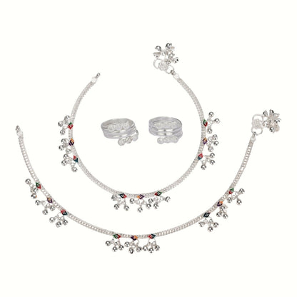 Silver and Gold Plated Ghungroo Payal Anklet with Adjustable Bichhiya Toe Ring Combo Set for Women