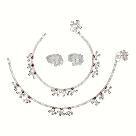 Silver and Gold Plated Ghungroo Payal Anklet with Adjustable Bichhiya Toe Ring Combo Set for Women