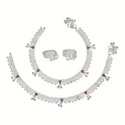 Silver and Gold Plated Ghungroo Payal Anklet with Adjustable Bichhiya Toe Ring Combo Set for Women