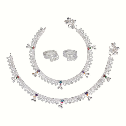 Silver and Gold Plated Ghungroo Payal Anklet with Adjustable Bichhiya Toe Ring Combo Set for Women