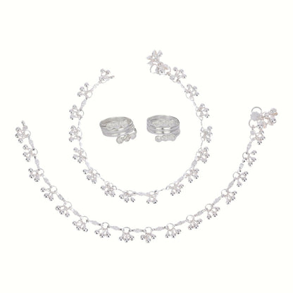 Silver and Gold Plated Ghungroo Payal Anklet with Adjustable Bichhiya Toe Ring Combo Set for Women