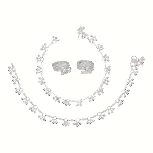 Silver and Gold Plated Ghungroo Payal Anklet with Adjustable Bichhiya Toe Ring Combo Set for Women