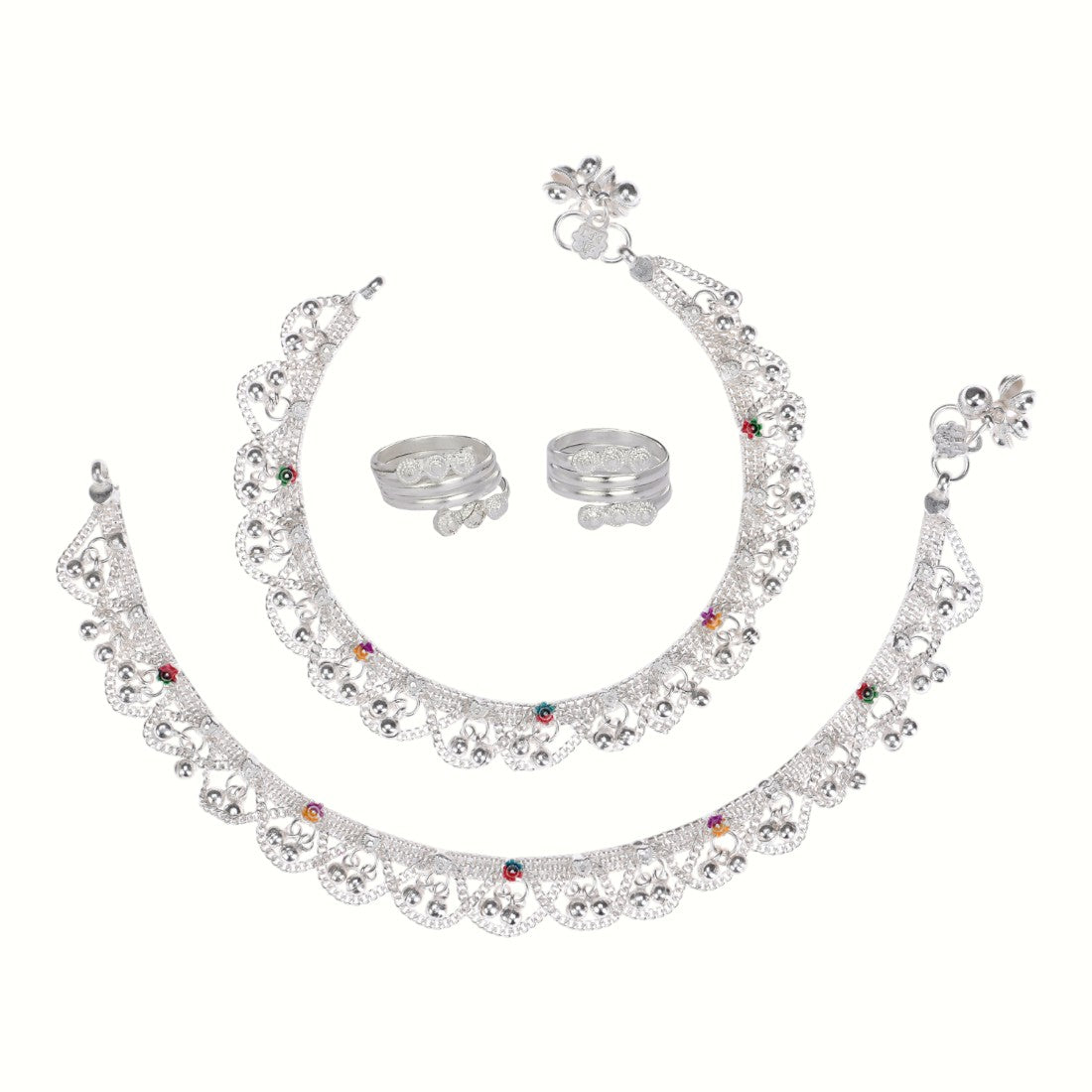 Silver and Gold Plated Ghungroo Payal Anklet with Adjustable Bichhiya Toe Ring Combo Set for Women