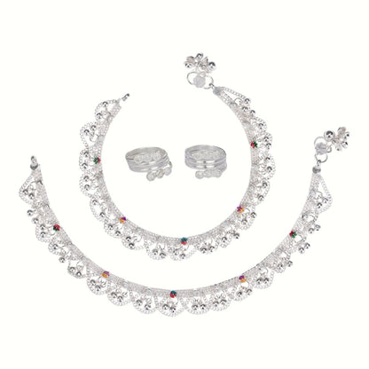 Silver and Gold Plated Ghungroo Payal Anklet with Adjustable Bichhiya Toe Ring Combo Set for Women