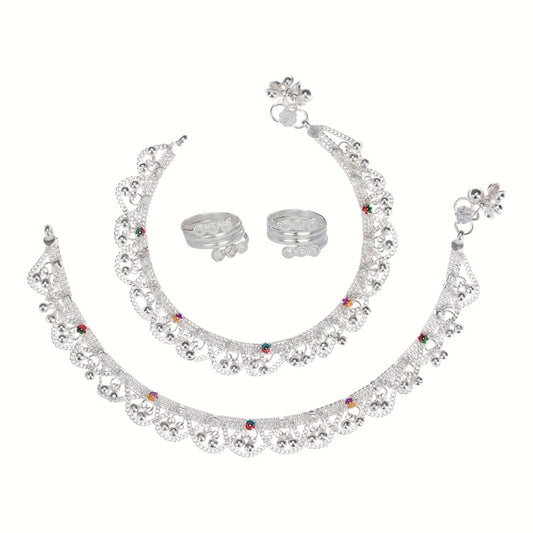 Silver and Gold Plated Ghungroo Payal Anklet with Adjustable Bichhiya Toe Ring Combo Set for Women