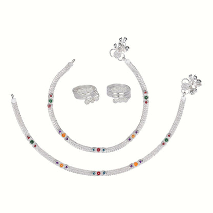 Silver and Gold Plated Ghungroo Payal Anklet with Adjustable Bichhiya Toe Ring Combo Set for Women