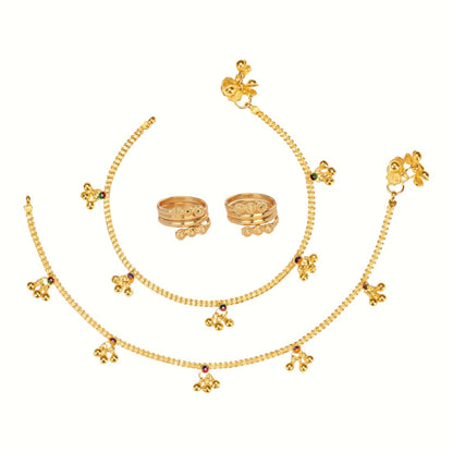 Silver and Gold Plated Ghungroo Payal Anklet with Adjustable Bichhiya Toe Ring Combo Set for Women
