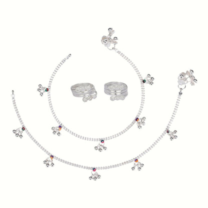 Silver and Gold Plated Ghungroo Payal Anklet with Adjustable Bichhiya Toe Ring Combo Set for Women