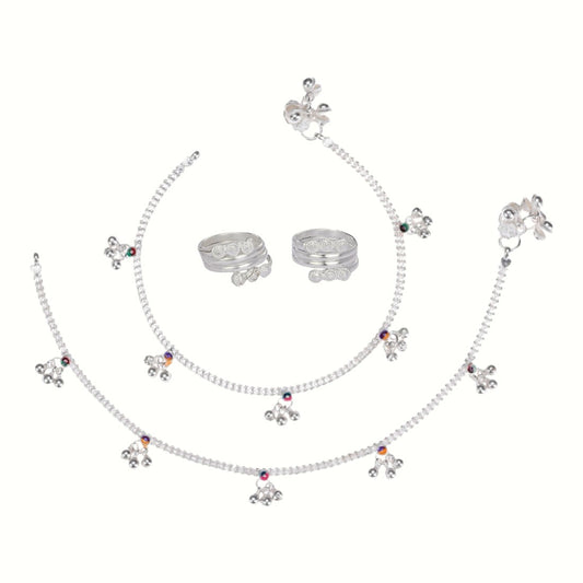 Silver and Gold Plated Ghungroo Payal Anklet with Adjustable Bichhiya Toe Ring Combo Set for Women