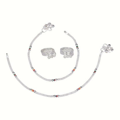Silver and Gold Plated Ghungroo Payal Anklet with Adjustable Bichhiya Toe Ring Combo Set for Women