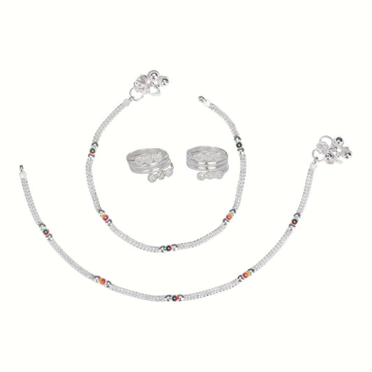 Silver and Gold Plated Ghungroo Payal Anklet with Adjustable Bichhiya Toe Ring Combo Set for Women