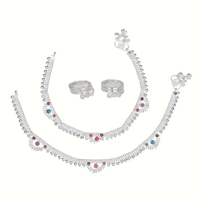 Silver and Gold Plated Ghungroo Payal Anklet with Adjustable Bichhiya Toe Ring Combo Set for Women