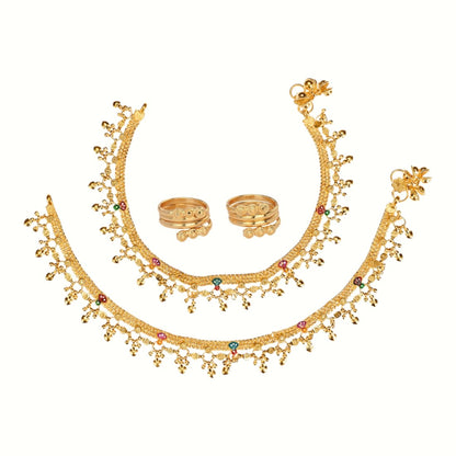 Silver and Gold Plated Ghungroo Payal Anklet with Adjustable Bichhiya Toe Ring Combo Set for Women