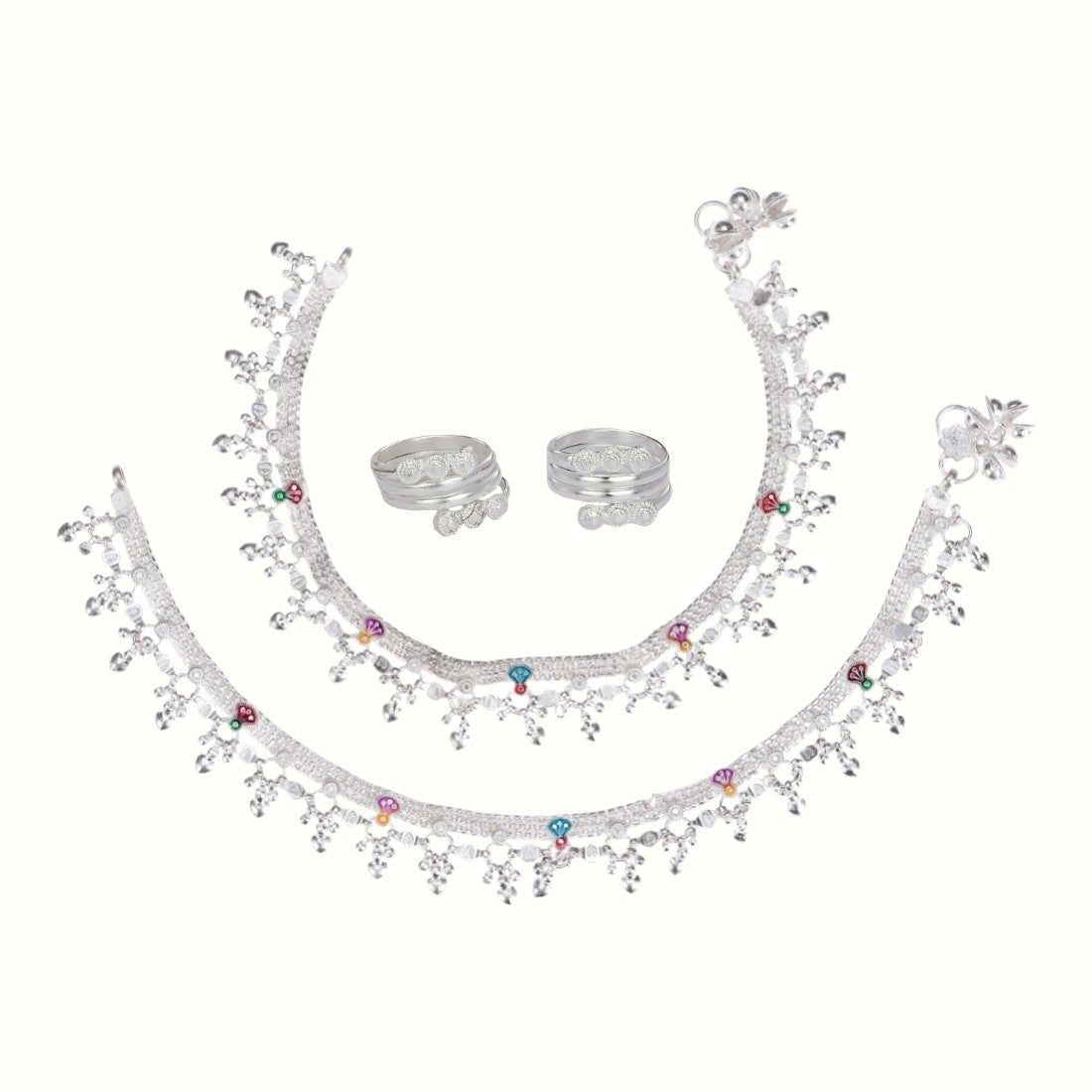 Silver and Gold Plated Ghungroo Payal Anklet with Adjustable Bichhiya Toe Ring Combo Set for Women